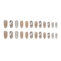 VIBEFICANT GLAZE Fall Season Brown & Silver Glitter Floral  Medium Almond Press On Nails