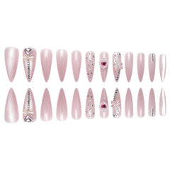 VIBEFICANT GLAZE Pink Cat Eye Long Stiletto Heart Shape Rhinestone Bow Bling Bling Press On Nails