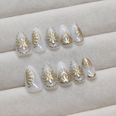 VIBEFICANT GLAZE White Embossed Metallic Gold Medium Almond  Press on Nails