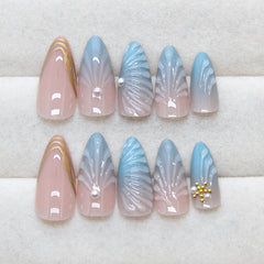 VIBEFICANT GLAZE Blue Ombre Medium Almond Seashell Embossed Art  Press on Nails