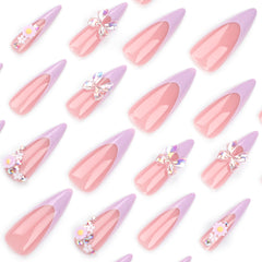 VIBEFICANT GLAZE Long Stiletto Pink French Tip Rhinestone 3D Floral Butterfly  Press on Nails