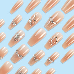 VIBEFICANT GLAZE Nude Ombre Medium Coffin Cat Eye French Tip Sparkling Rhinestone  Press on Nails