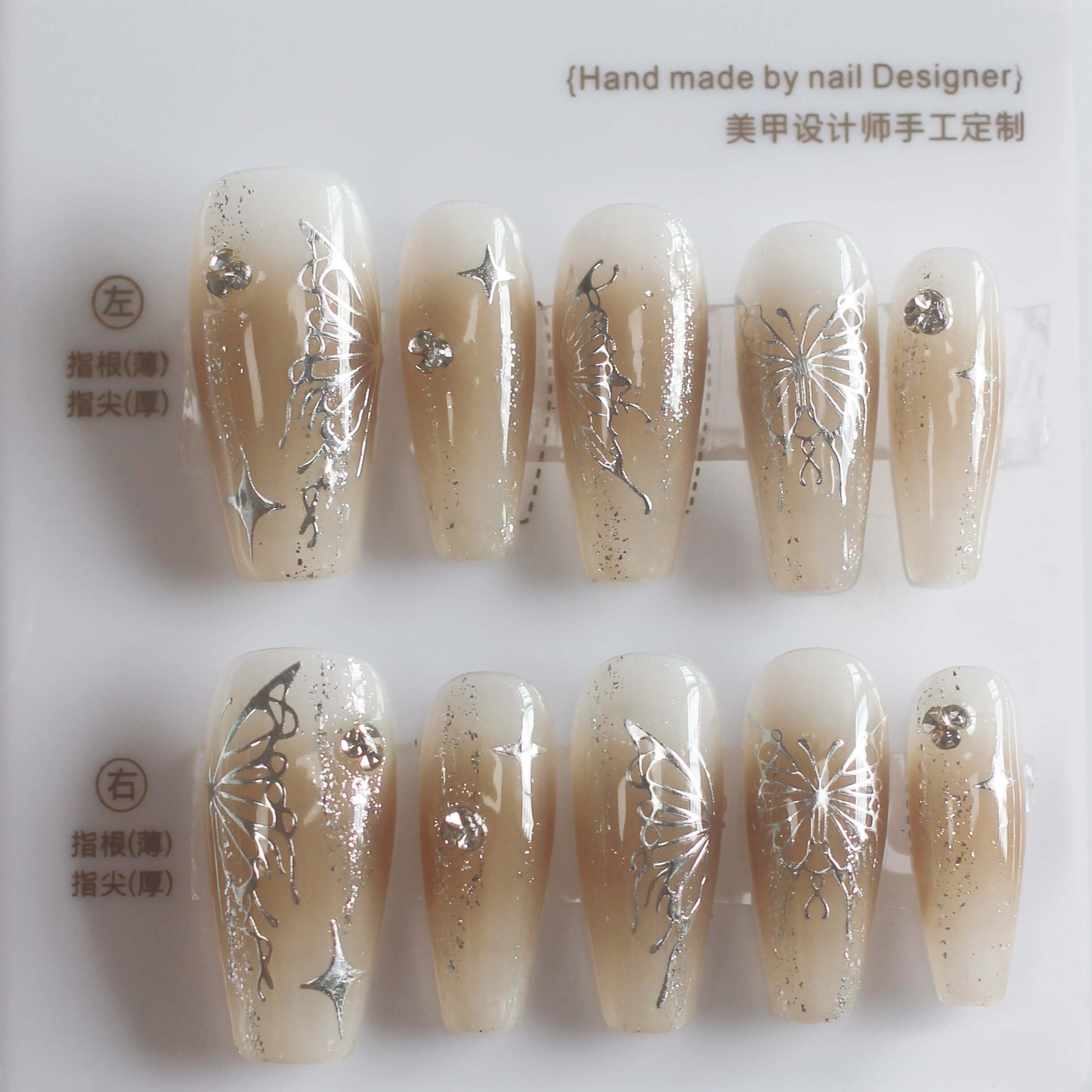 Vibeficant Progel Glitter Pastel Ombre Handmade Gel Press on Nails Medium Coffin Silver Butterfly Design