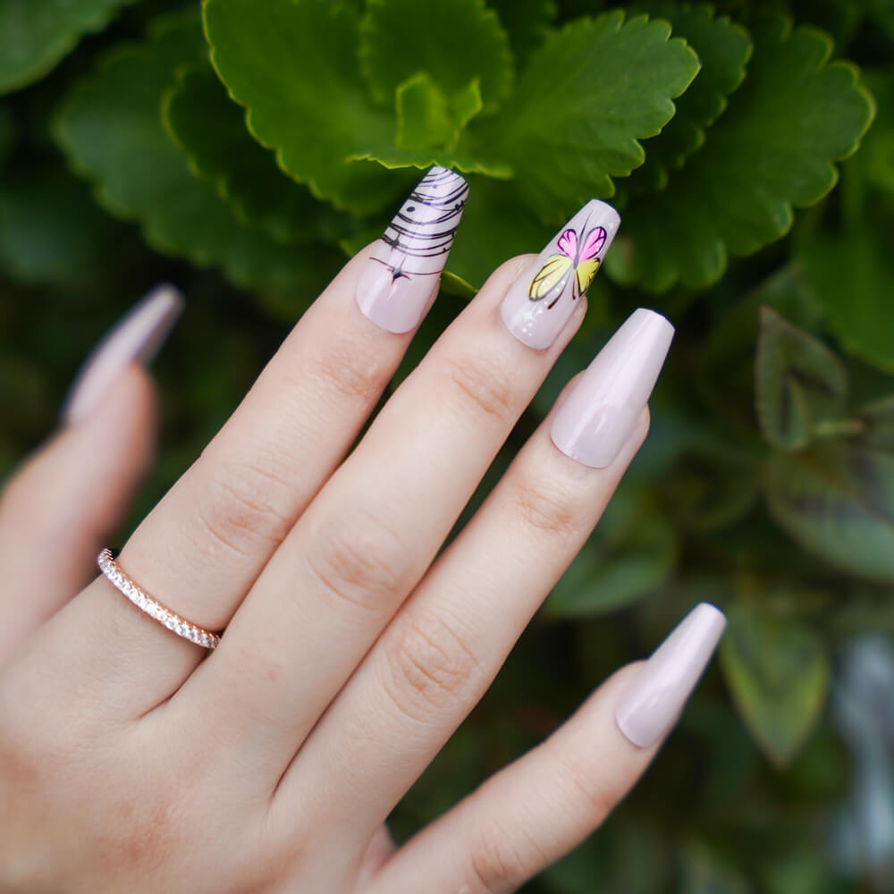 Vibeficant Glaze Pink Swirl Press on Nails Medium Coffin Butterfly Design