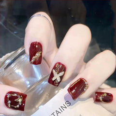 Vibeficant Glaze Red Press on Nails Short Square Butterfly with Gold Foil Design