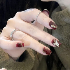 Vibeficant Glaze Red Press on Nails Short Square Butterfly with Gold Foil Design