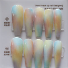 Vibeficant Progel Kylie Jenner's Tie-Dye Manicures Rainbow Handmade Gel Press on Nails Long Coffin