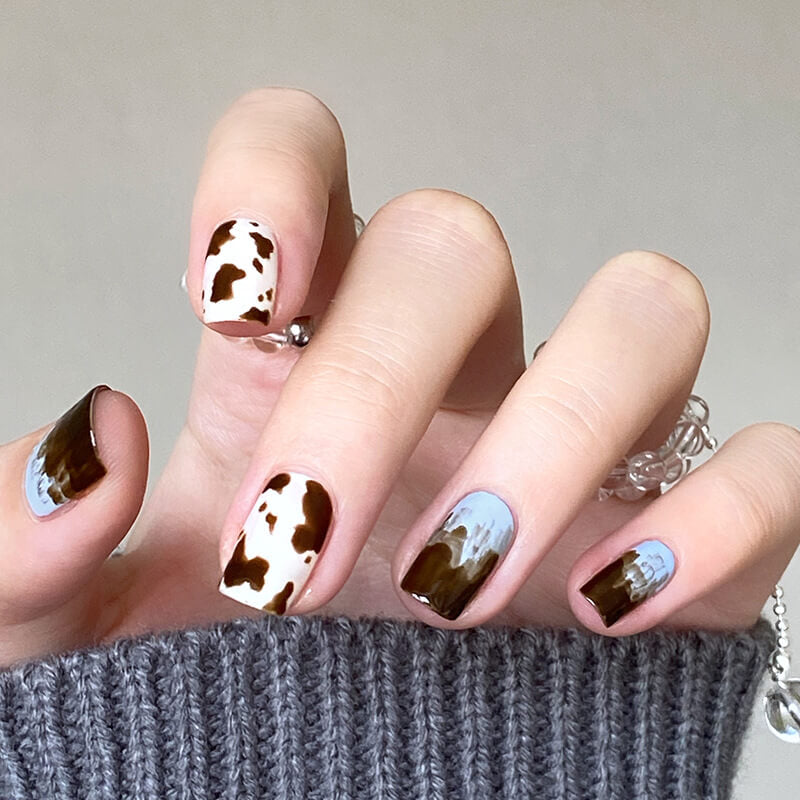 Vibeficant FlexFit Brown Cow Print Press on Nails Short Square French Ombre Design