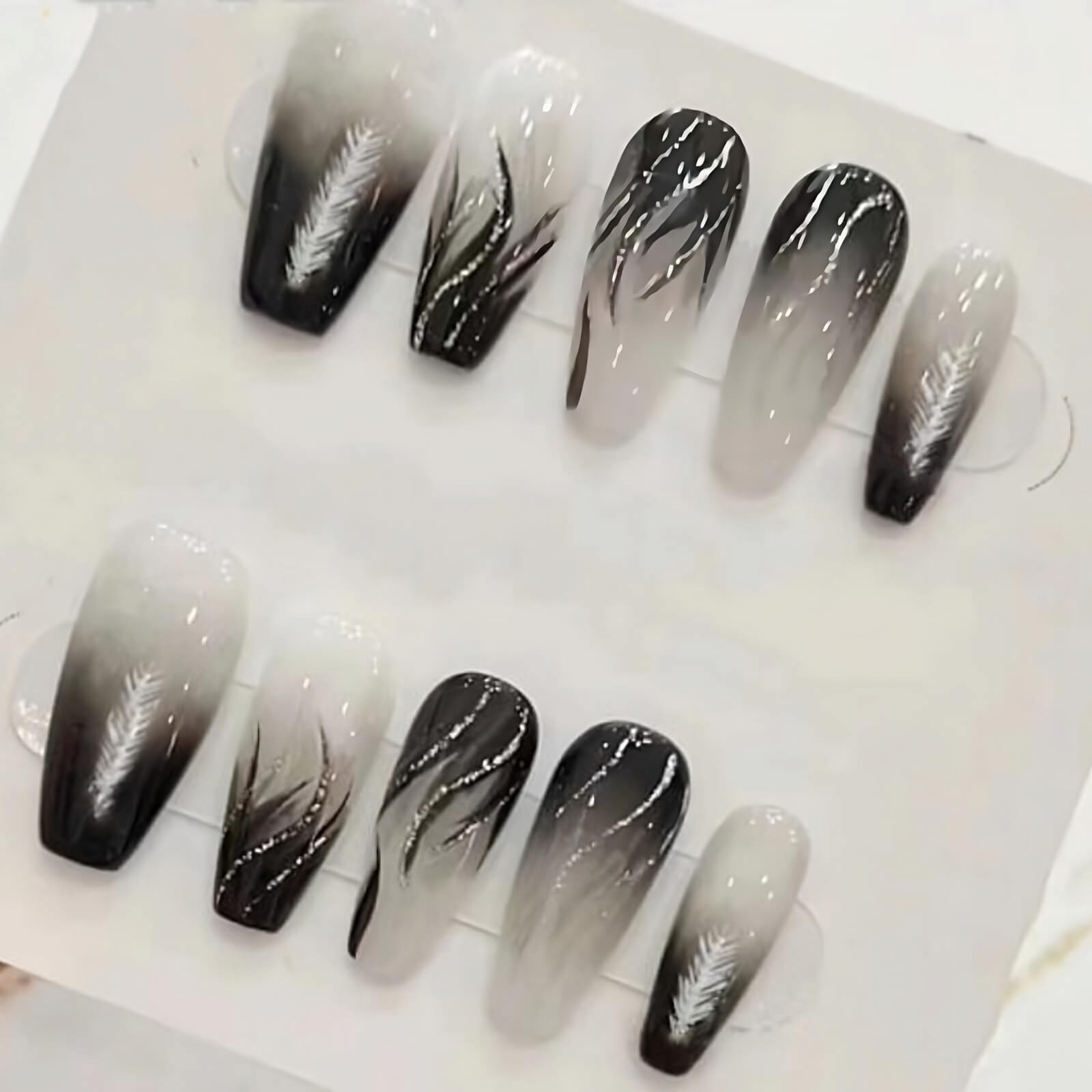 Vibeficant Glaze Black Ombre Press on Nails Medium Coffin French Tip with Feather Design
