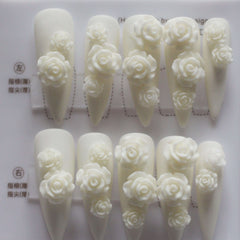 Vibeficant Progel White Handmade Gel Press on Nails Medium Stiletto 3D Relif Art Embossed with Flower