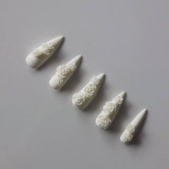 Vibeficant Progel White Handmade Gel Press on Nails Medium Stiletto 3D Relif Art Embossed with Flower