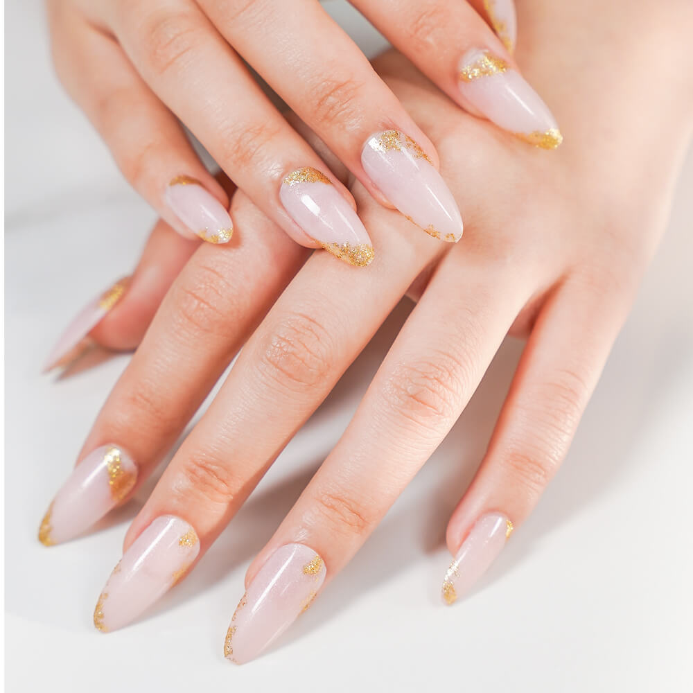 Vibeficant Glaze Pink Press on Nails Medium Almond Gold Foil Design