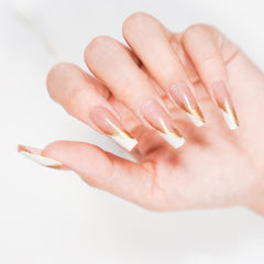 Vibeficant Glaze Nude Press on Nails Long Coffin French Tip with White Gold Smudged Design