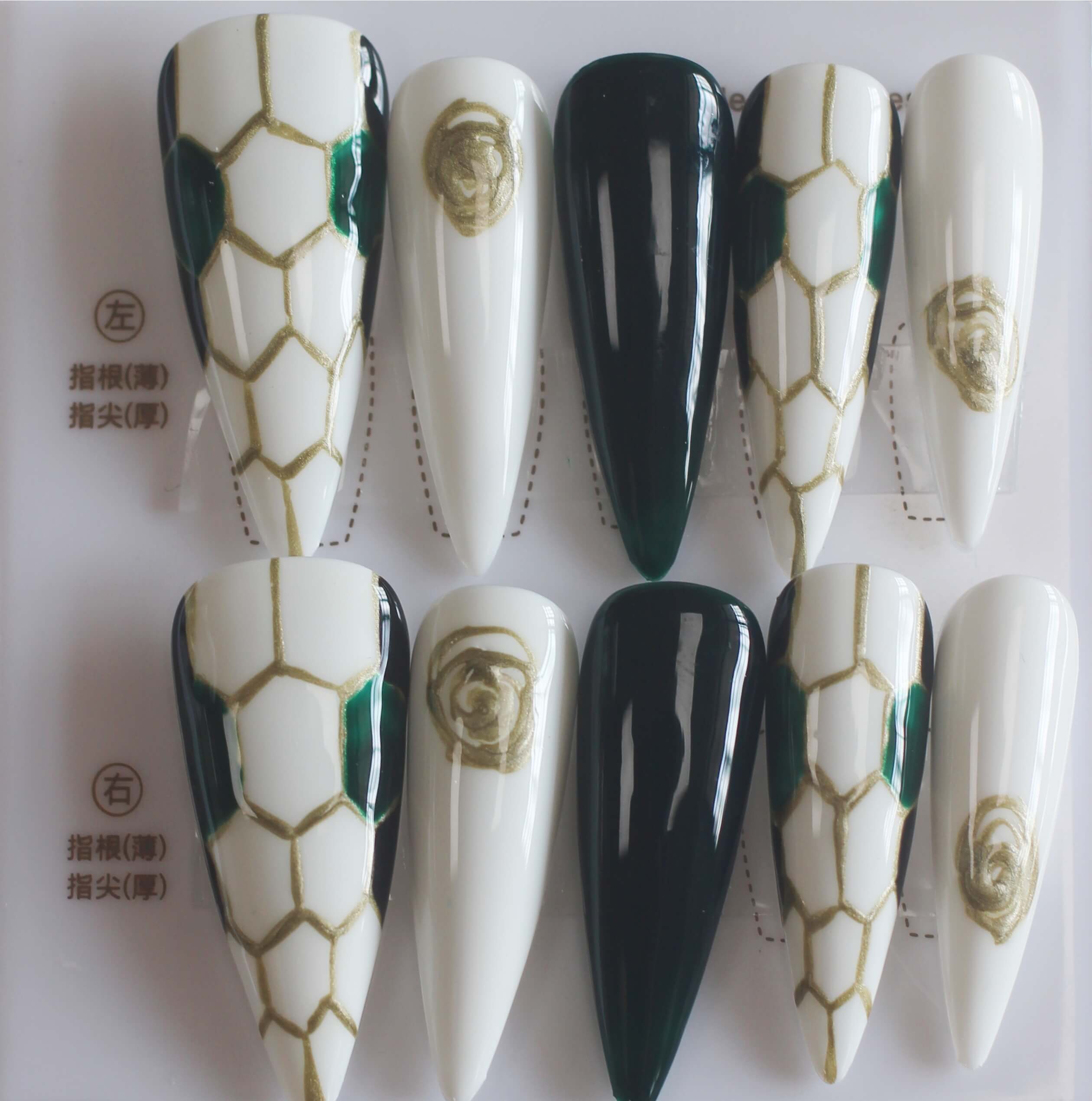 Vibeficant Progel White Handmade Gel Press on Nails Long Stiletto Snake Skin Gold Rose Design