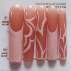 Vibeficant Progel Pink French Handmade Gel Press on Nails Extra Long Coffin Swirl Design
