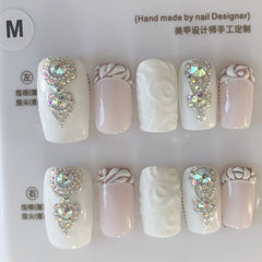 French Tip Handmade Gel Press on Nails Short Coffin Rhinestone Design