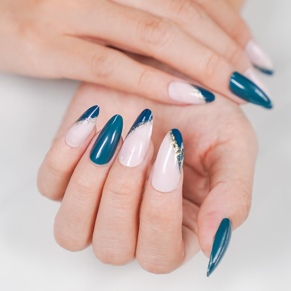 Vibeficant Glaze Navy Blue Press on Nails Medium Almond Glitter Design