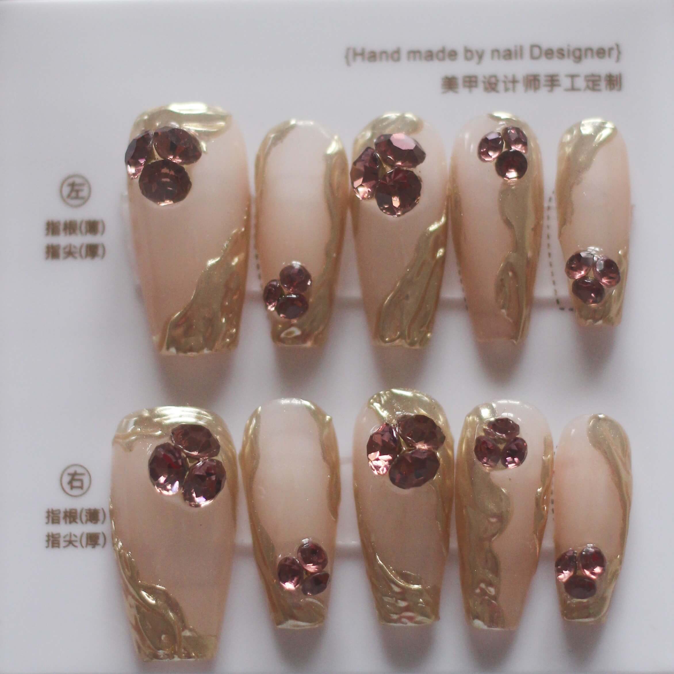 Vibeficant Progel Pastel Metal Handmade Gel Press on Nails Medium Coffin French Tip with Rhinestone Design