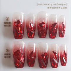 Vibeficant Progel Glitter Red Ombre Handmade Gel Press on Nails Medium Coffin Heart Rhinestone Design