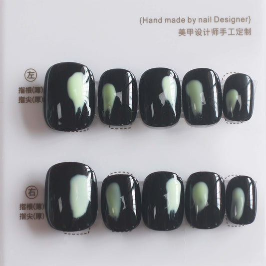 Vibeficant Progel Black Handmade Gel Press on Nails Short Squoval Green French Tip Design 2500