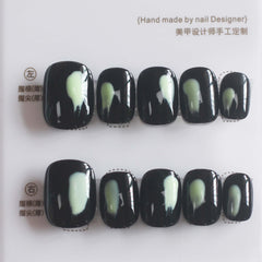 Vibeficant Progel Black Handmade Gel Press on Nails Short Squoval Green French Tip Design