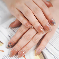 Vibeficant Glaze Nude Press on Nails Short Coffin French Tip with Glitter and Rhinestone