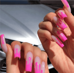 Vibeficant Progel White Handmade Gel Press on Nails Medium Coffin with Pink Pattern Design