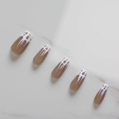 Vibeficant Progel Nude Handmade Gel Press on Nails Medium Coffin with White Pattern