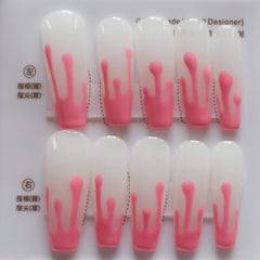 White Handmade Gel Press on Nails Medium Coffin with Pink Pattern Design