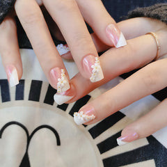 Vibeficant Glaze Pink Glitter Press on Nails Short Square French with Flower Design