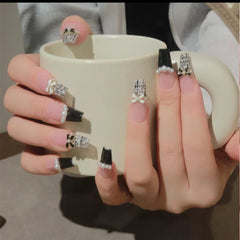 Vibeficant Glaze Pearl Press on Nails Long Coffin French Tip with Bowknot