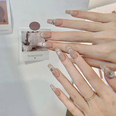 Vibeficant Glaze Pastel Press on Nails Long Coffin French Tip with Rhinestone