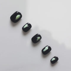 Vibeficant Progel Black Handmade Gel Press on Nails Short Squoval Green French Tip Design