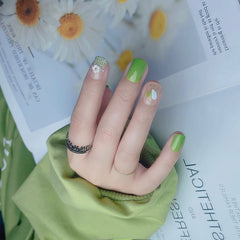Vibeficant Flexfit Green Press on Nails Short Squoval French Tip with Flower Design