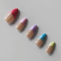 Vibeficant Progel Nude Handmade Gel Press on Nails Medium Almond Colorful French Tip Design
