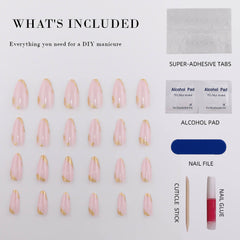 Vibeficant Glaze Pink Press on Nails Medium Almond Gold Foil Design