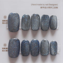 Vibeficant Progel Blue Cat Eye Handmade Gel Press on Nails Medium Squoval Glitter Design