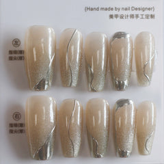 Vibeficant Progel Pastel Glitter Handmade Gel Press on Nails Medium Coffin Silver Swirl Design