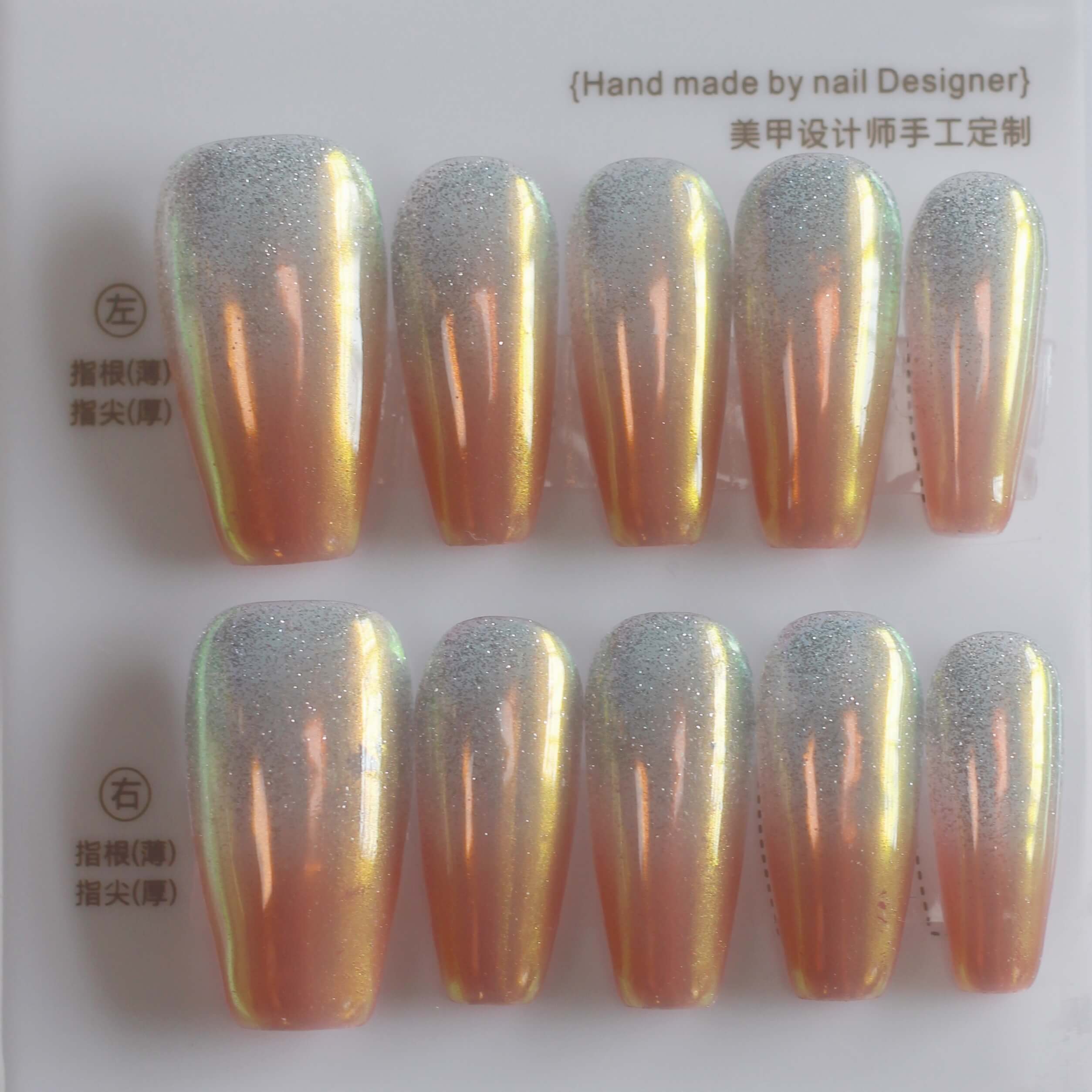 Vibeficant Progel Orange Cat Eye Ombre Handmade Gel Press on Nails Medium Coffin Glitter Design