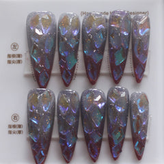 Vibeficant Progel Purple Glitter Handmade Gel Press on Nails Long Stiletto Rhinestone Design