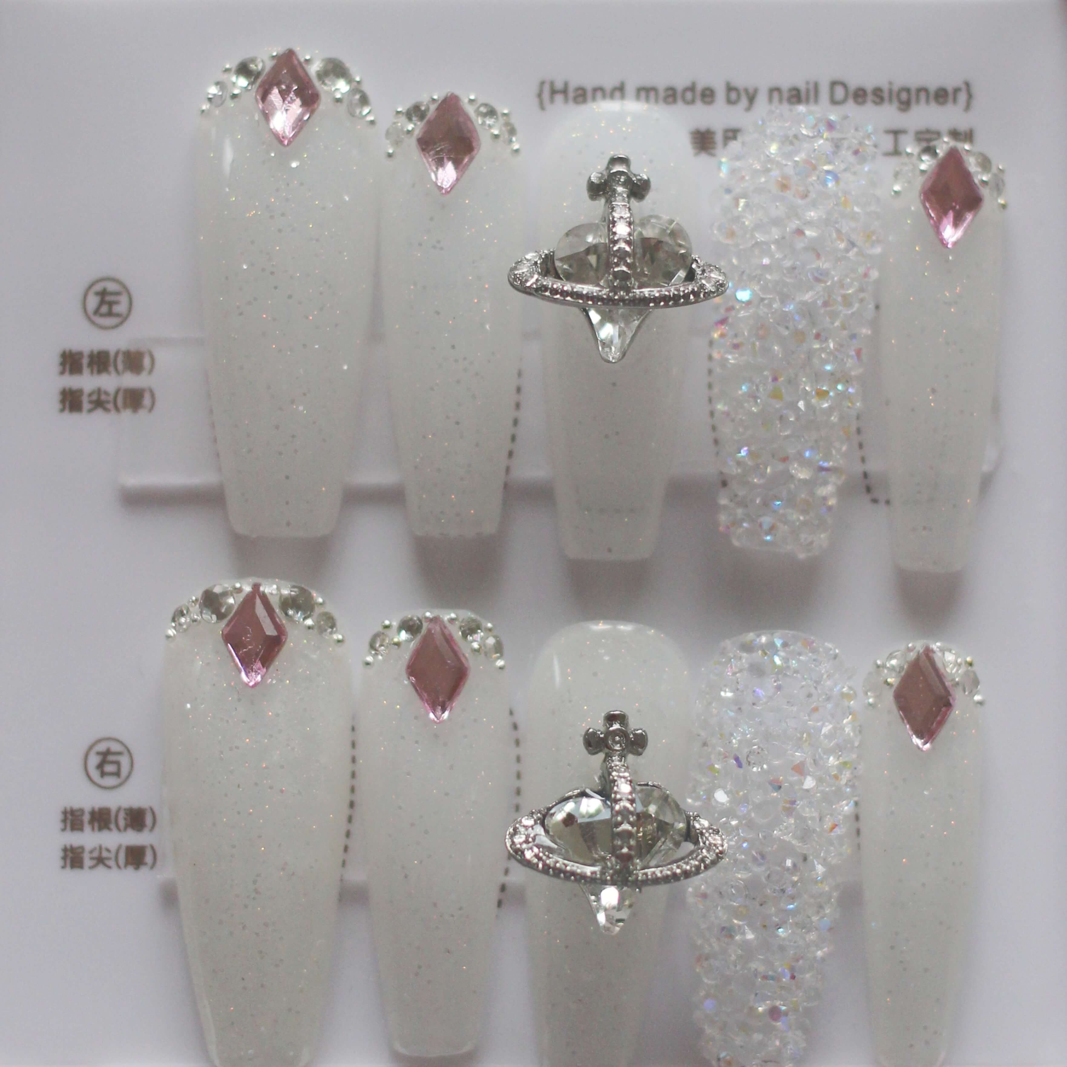 Vibeficant Progel White Glitter Handmade Gel Press on Nails Medium Coffin French Tip with 3D Heart Design