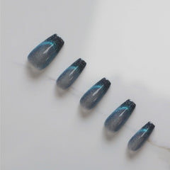 Vibeficant Progel Blue Cat Eye Ombre Handmade Gel Press on Nails Medium Coffin French Tip with Glitter