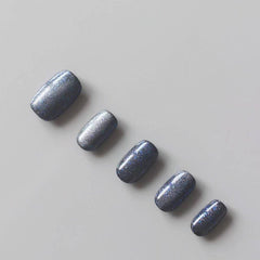 Vibeficant Progel Blue Cat Eye Handmade Gel Press on Nails Medium Squoval Glitter Design