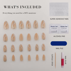 Vibeficant Glaze Nude Press on Nails Medium Almond Gold Swirls with Glitter Design