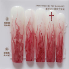 Vibeficant Progel Red Ombre Handmade Gel Press on Nails Kylie Jenner's Tie-Dye Manicures Extra Long Coffin Cross Design