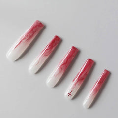 Vibeficant Progel Red Ombre Handmade Gel Press on Nails Kylie Jenner's Tie-Dye Manicures Extra Long Coffin Cross Design