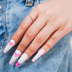 Vibeficant Glaze White Press on Nails Long Coffin French Tip with Pink Heart Design