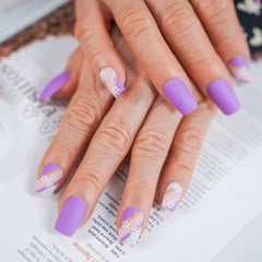 Vibeficant Glaze Lavender Press on Nails Medium Square Cute Flower with Gold Glitter Design