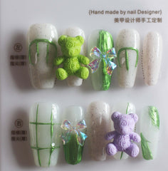 Vibeficant Progel 3D Little Bear Handmade Gel Press on Nails Medium Coffin Bowknot Design