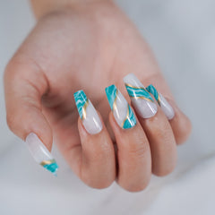 Vibeficant Glaze White Press on Nails Long Coffin Blue Marble with Gold Swirl Design